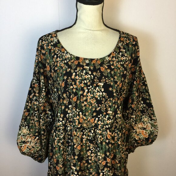 Solitaire Dress Size L Womans Black Floral Balloon Sleeve Embroidered Flowy Boho - Picture 7 of 15